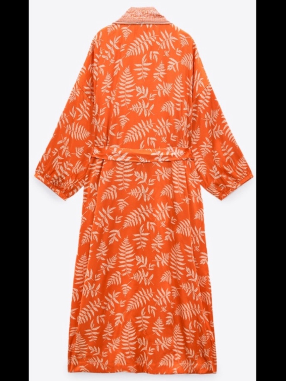 Zara Hanoi orange and white leaf print satin long kimono with waist tie - Picture 3 of 16